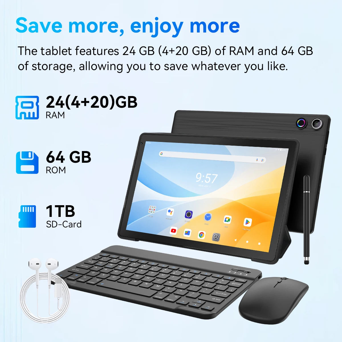 BUFO KB10L 10.1 Inch A333 Octa Core Tablet 24GB(3+21G) RAM 64GB ROM Android 16 1280*800 LCD Screen 6000mAh Battery 5MP Front 8MP AF Rear Camera Support TF Card Up to 1TB Type-C 2.0 Tablet PC for Study Office Entertainment