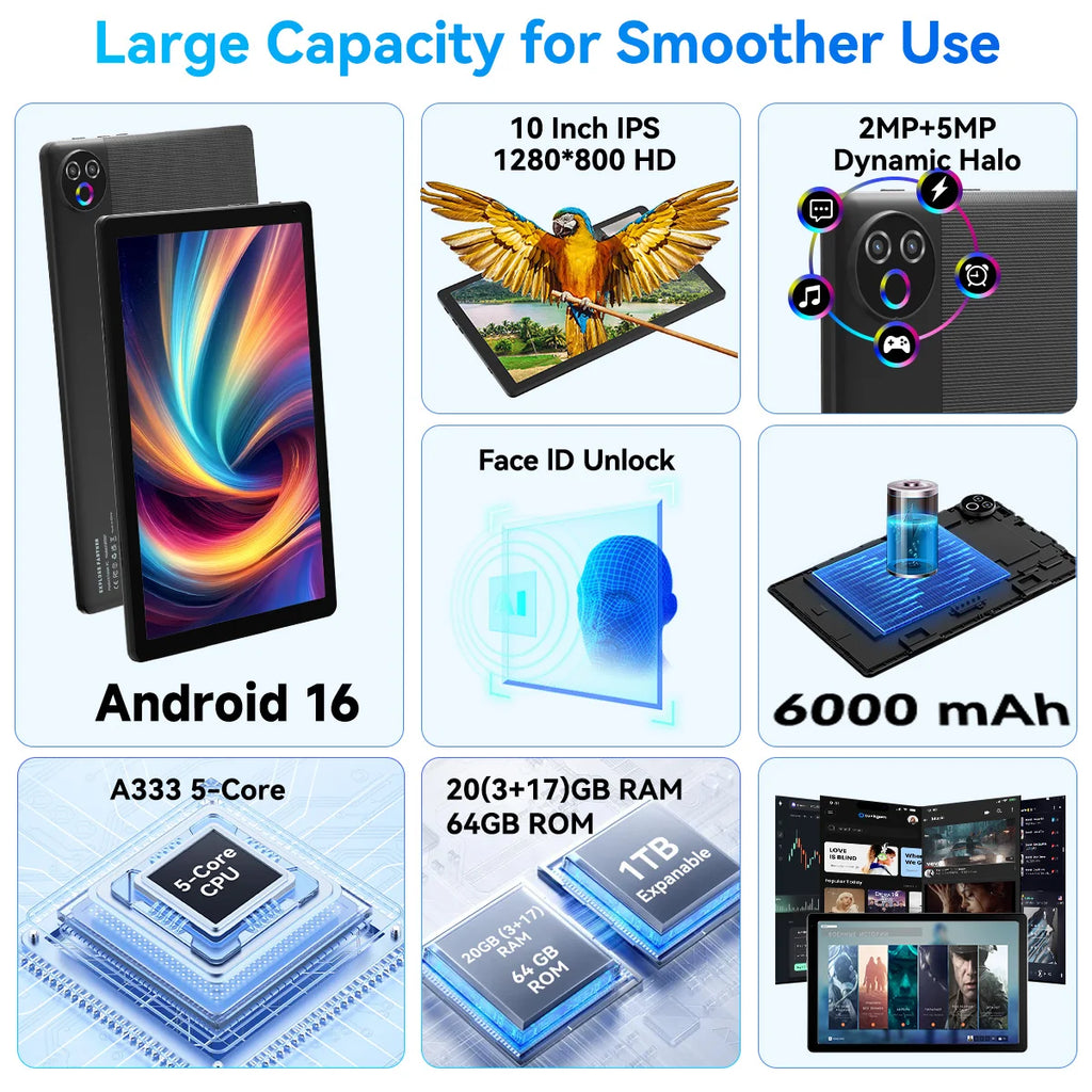 BUFO KB1001 10.1 Inch A333 Five Core Tablet 20GB(3+17G) RAM 64GB ROM Android 16 Go 800*1280 HD LCD Screen 6000mAh Battery Dual Camera Widevine L1 TF Card Up to 1TB Tablet PC