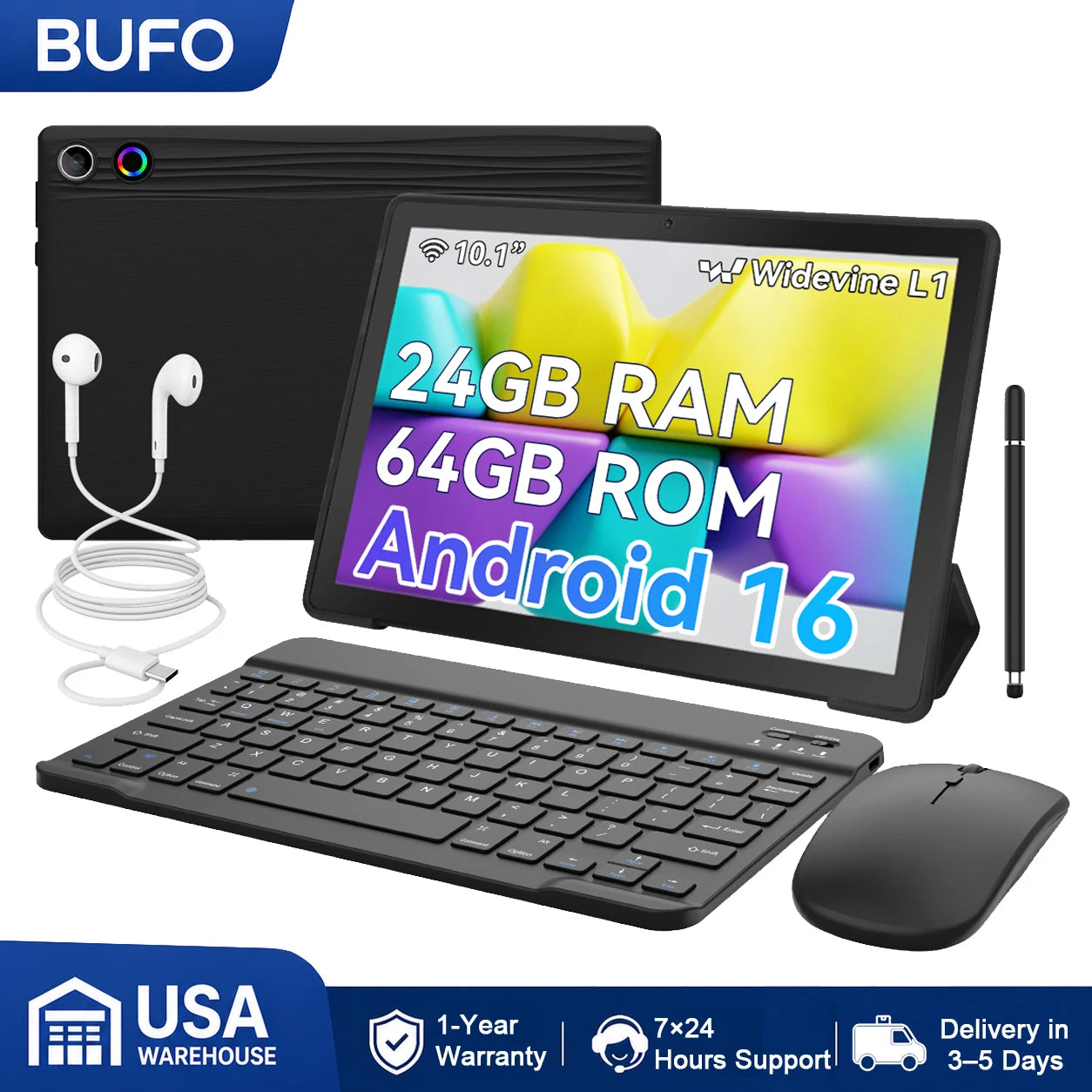 BUFO KB10L 10.1 Inch A333 Octa Core Tablet 24GB(3+21G) RAM 64GB ROM Android 16 1280*800 LCD Screen 6000mAh Battery 5MP Front 8MP AF Rear Camera Support TF Card Up to 1TB Type-C 2.0 Tablet PC for Study Office Entertainment