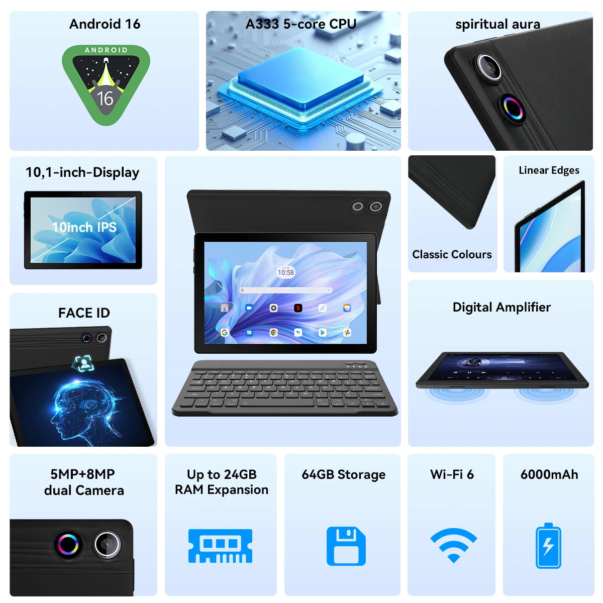 BUFO KB10L 10.1 Inch A333 Octa Core Tablet 24GB(3+21G) RAM 64GB ROM Android 16 1280*800 LCD Screen 6000mAh Battery 5MP Front 8MP AF Rear Camera Support TF Card Up to 1TB Type-C 2.0 Tablet PC for Study Office Entertainment