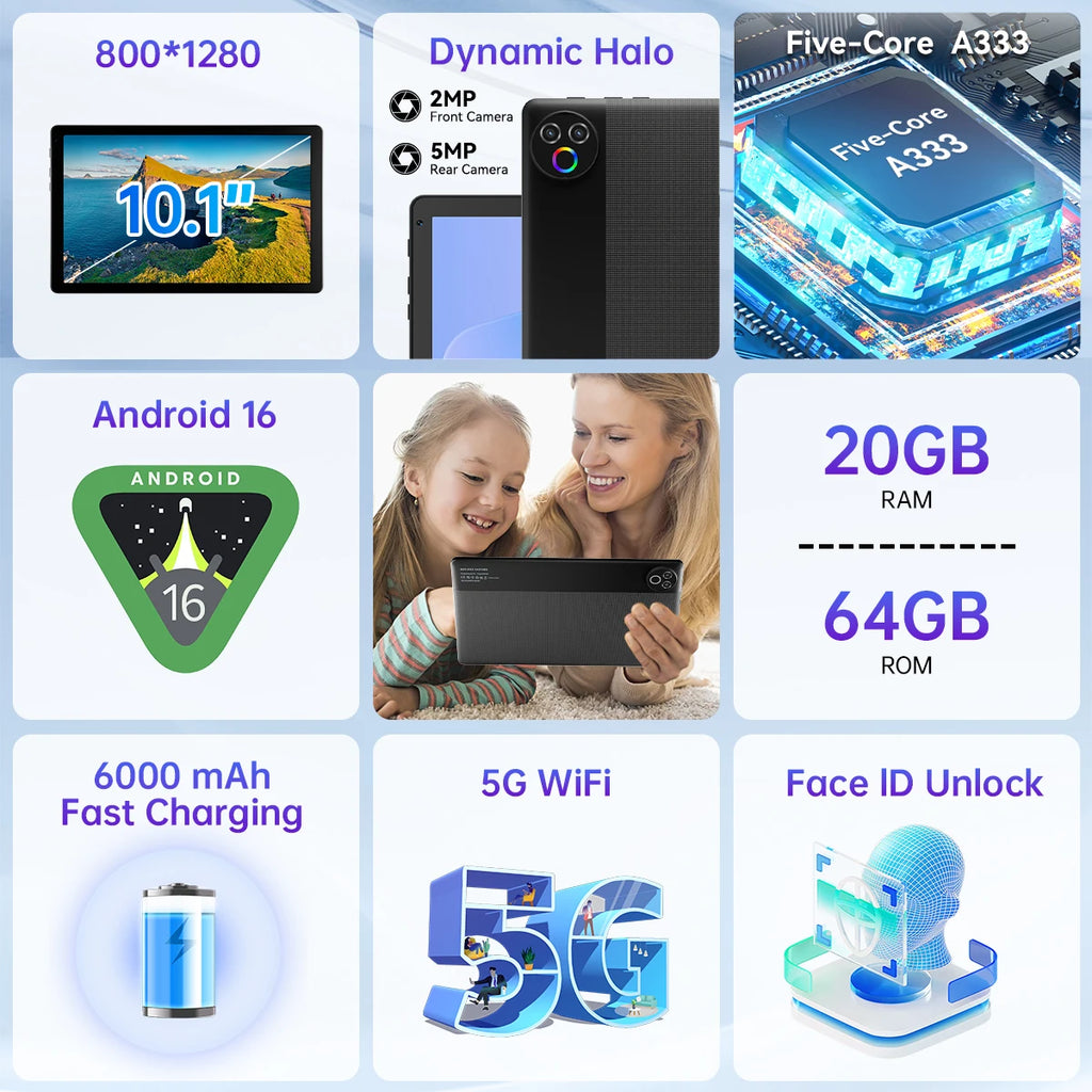 BUFO KB1001 10.1 Inch A333 Five Core Tablet 20GB(3+17G) RAM 64GB ROM Android 16 Go 800*1280 HD LCD Screen 6000mAh Battery Dual Camera Widevine L1 TF Card Up to 1TB Tablet PC